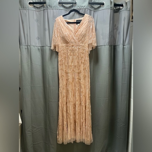 New Mac Duggal 9064 Sequined V Neck Sheath Blush Pink Sleeved Maxi Formal dress - Picture 8 of 17